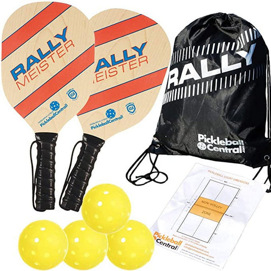 Rally Meister Beginner Wood Pickleball Paddle Set for 2 Players (2 Paddles + 4 Outdoor Pickleballs + Drawstring Bag + Rules/Strategy Guide)