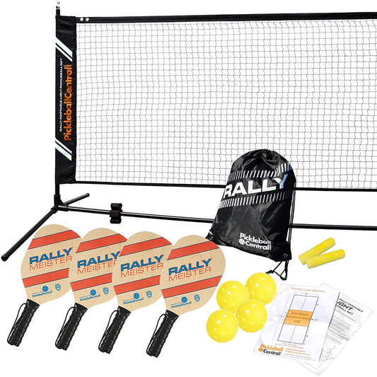 Rally Meister Complete Beginner Pickleball Set with Portable Pickleball Net (Net + 4 Paddles + 4 Pickleballs + Drawstring Bag + Rules/Strategy Guide + Line Chalk)