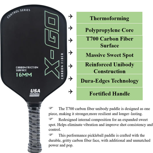 Thermoformed Pickleball Paddle T700 Raw Carbon Friction Surface with High Grit &Spin USAPA Compliant Power Sweet Spot Pro Paddle
