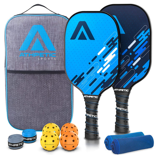 Fiberflex Pickleball Paddle Set, 2 Paddles, 4 Balls, 2 Overgrip Tapes, 2 Cooling Towels and Pickleball Bag, Blue, 7.8Oz, 15.5" Length Powerful Hits, Enhanced Control & Accuracy | for All Ages